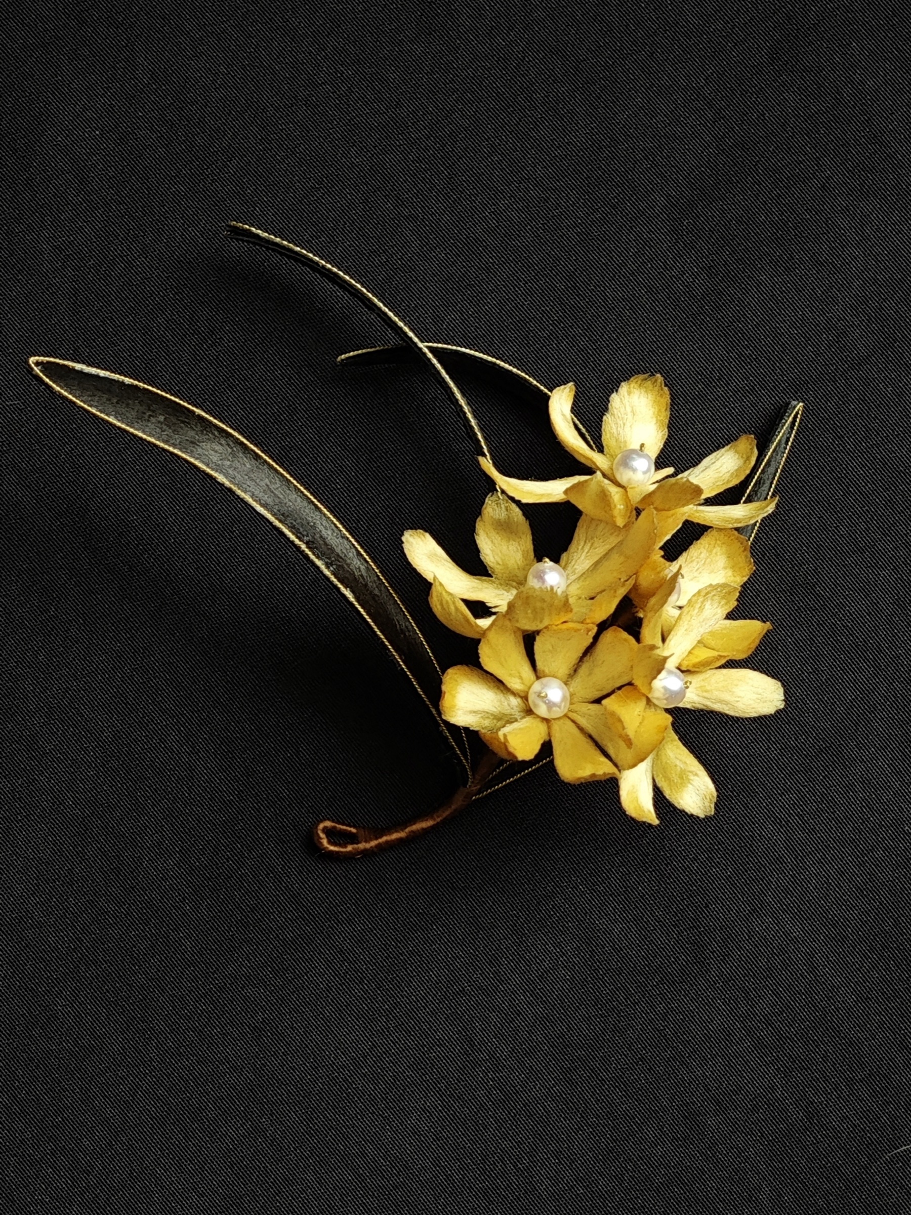 Golden canola silk flower pin by Xiaye Bloom